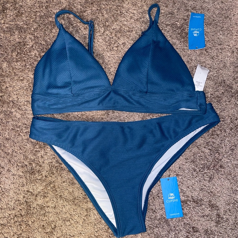 Cupshe Deep Teal Ribbed Triangle Bikini Set